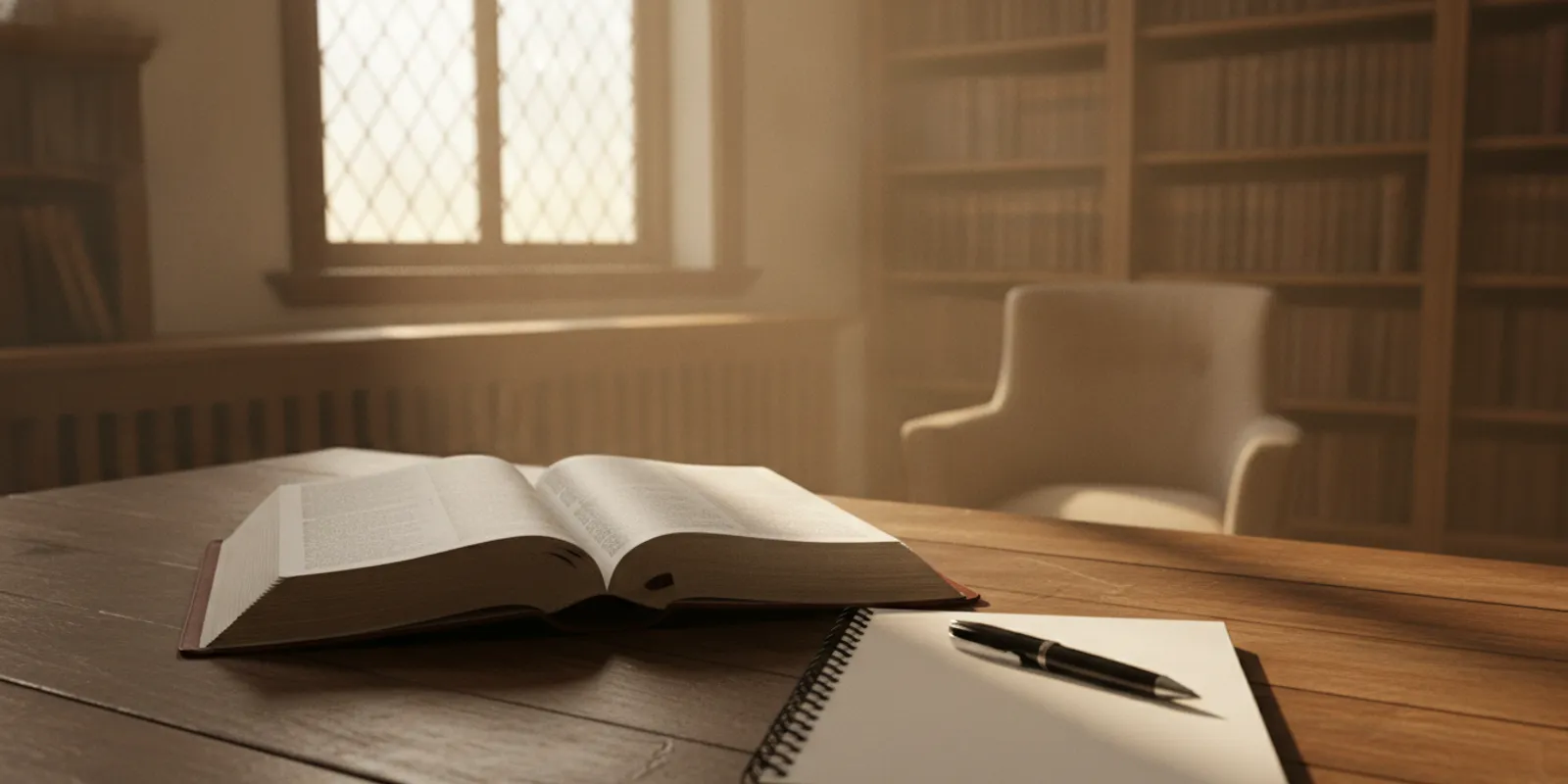 Open Bible and notebook on a desk in a quiet church study
