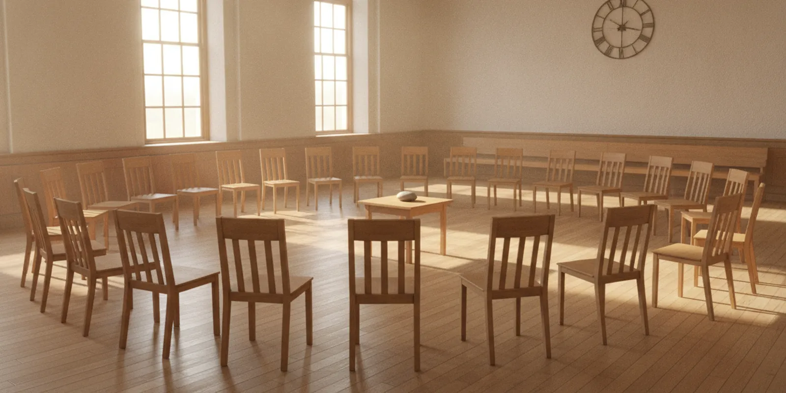 A quiet Quaker meeting room with wooden chairs arranged in a circle