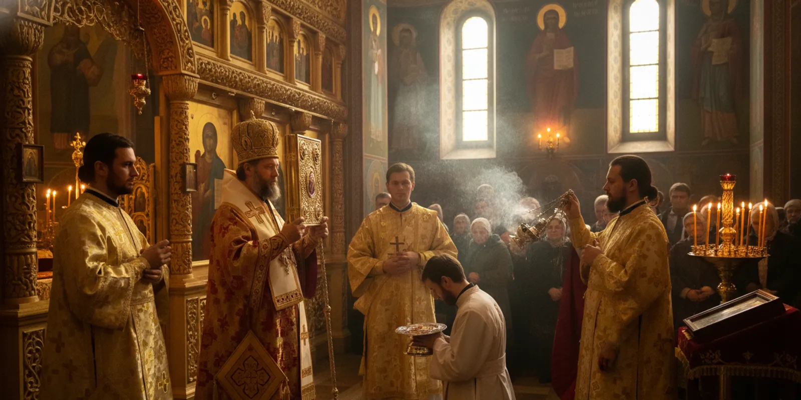 An Orthodox bishop and clergy gathered in a church during an ordination service