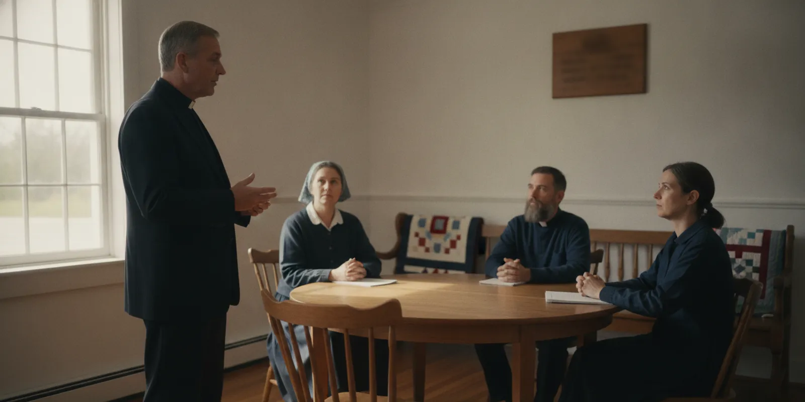 A minister speaking with church members in a modest Mennonite meeting space