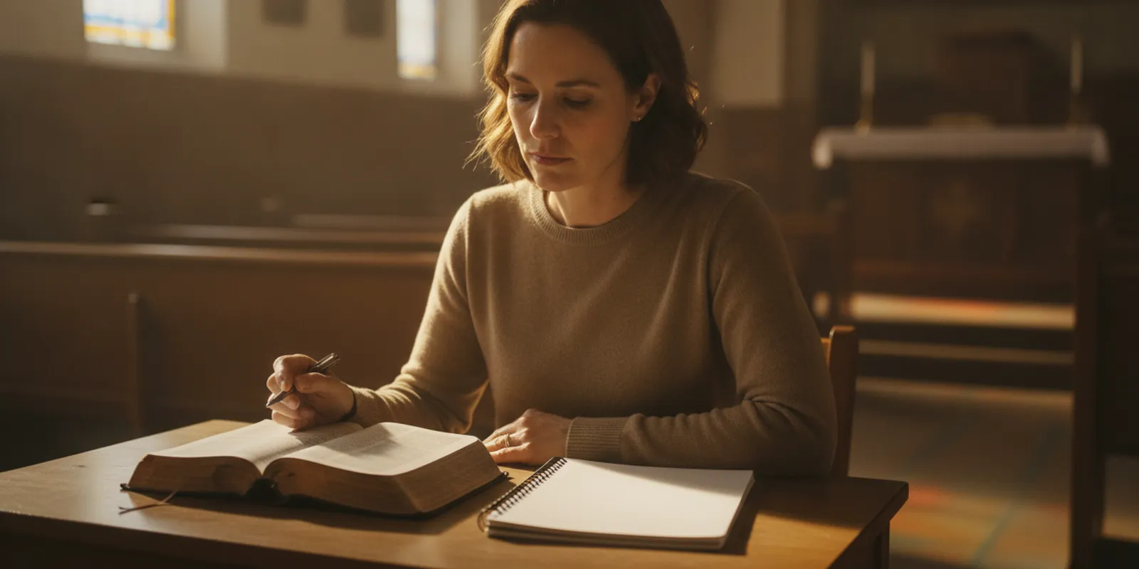 A prospective minister studying theology at a desk with an open Bible and notebook
