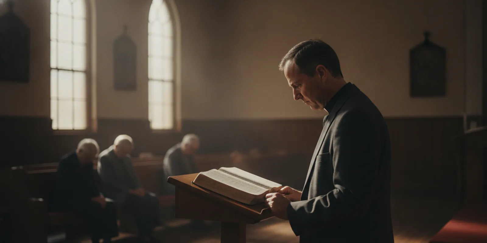 A minister reading a Bible at a church lectern before a small congregation