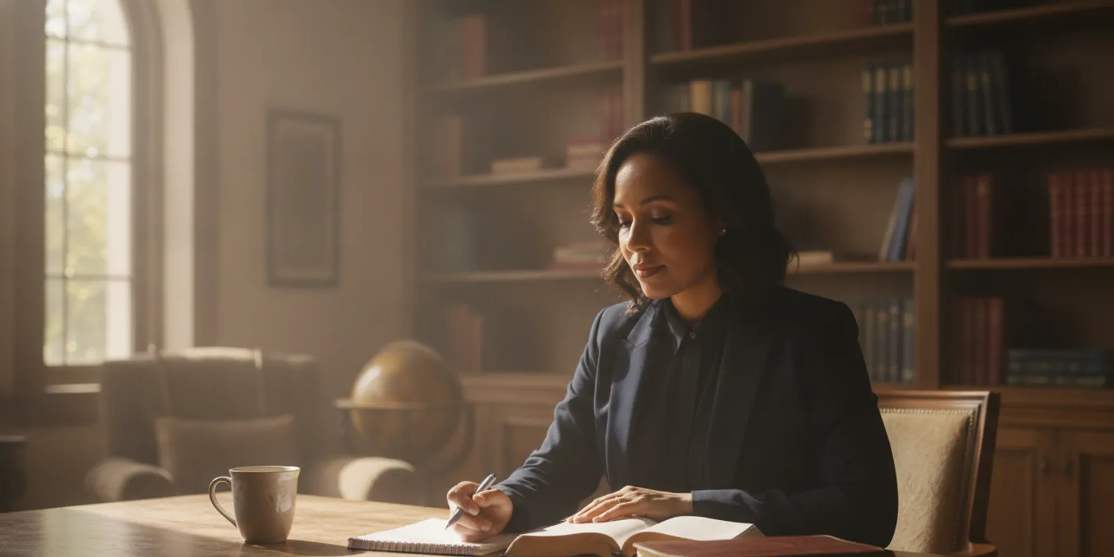 A minister reviewing study notes at a desk in a quiet church office