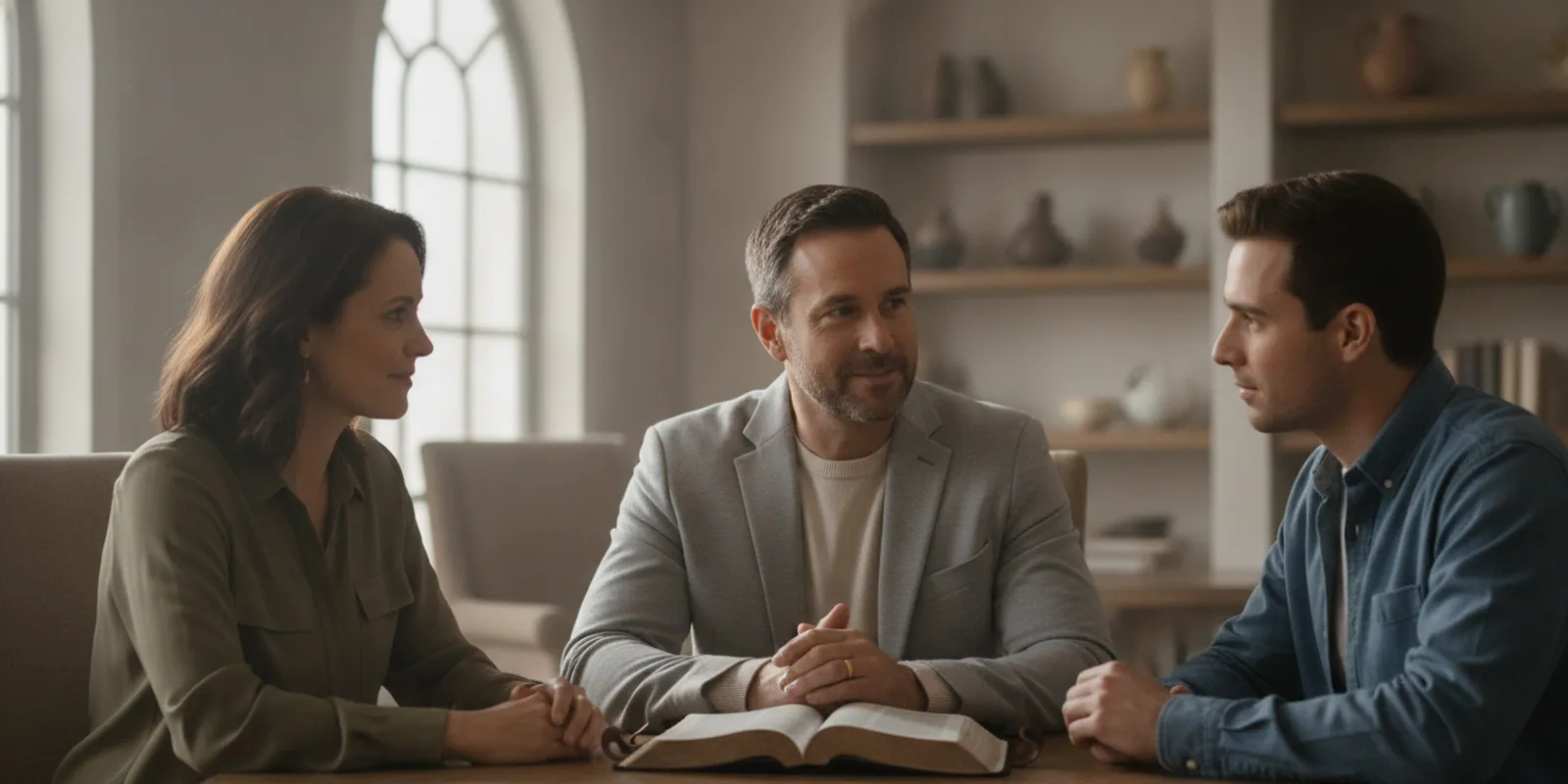 A ministry leader mentoring two adults around an open Bible in a quiet church room