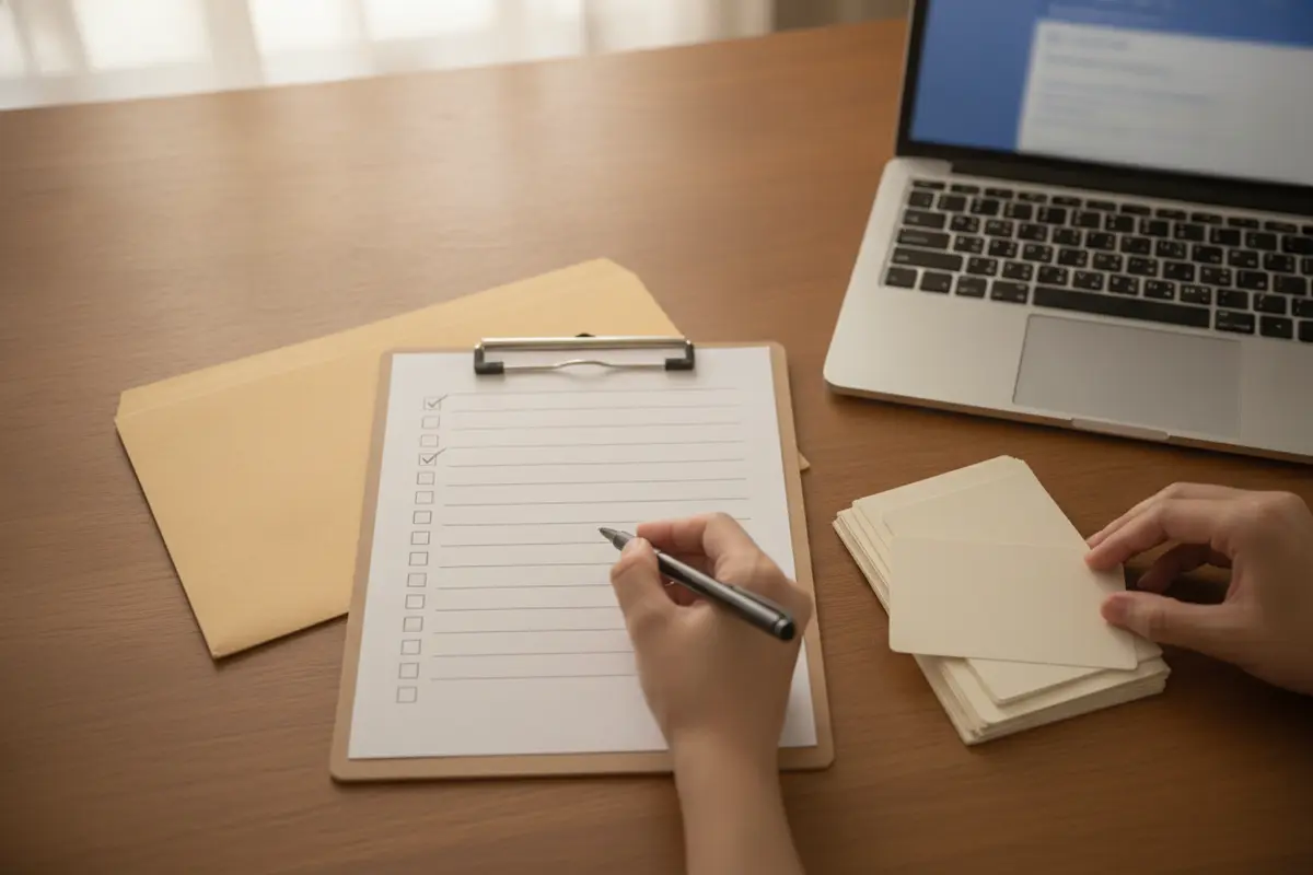 A person organizes minister credentials while checking state requirements
