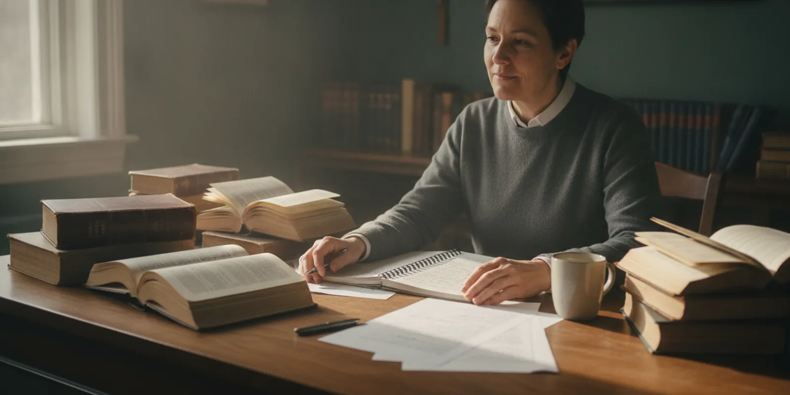 Prospective chaplain reviewing education materials and notes at a desk