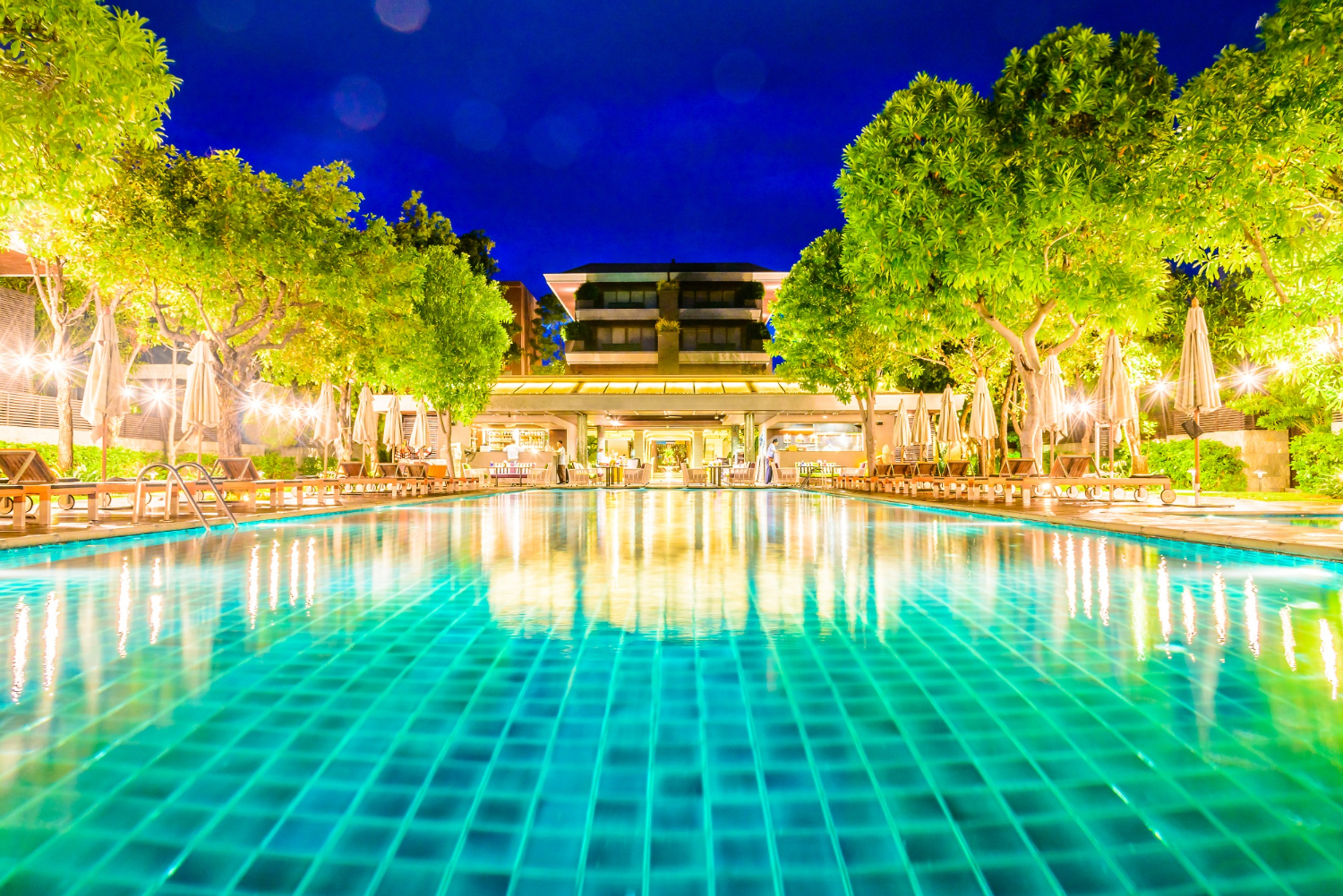 Clear blue rectangular swimming pool surrounded by tiled floor and lush greenery with potted plants.