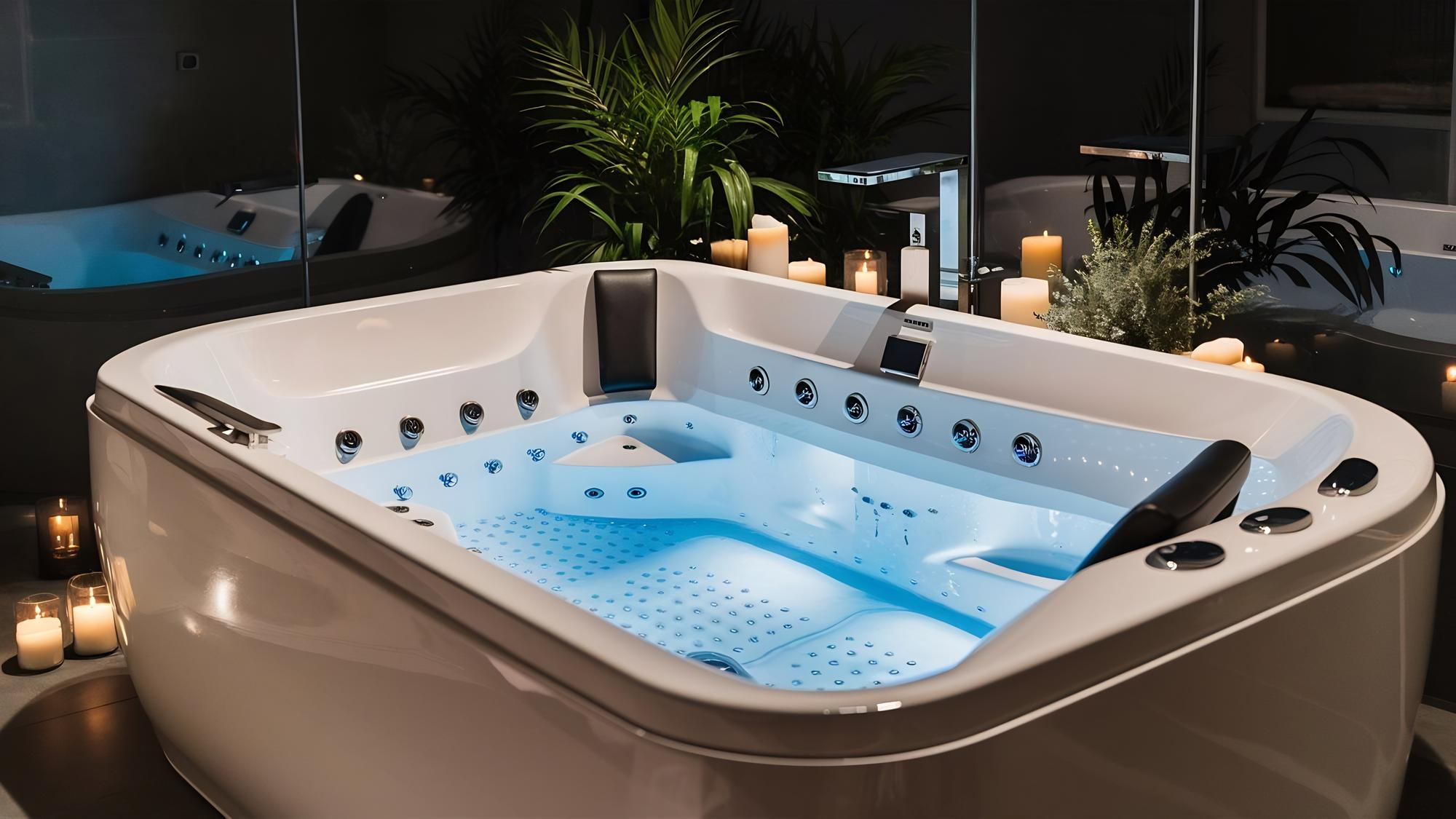 Clear blue rectangular swimming pool surrounded by tiled floor and lush greenery with potted plants.