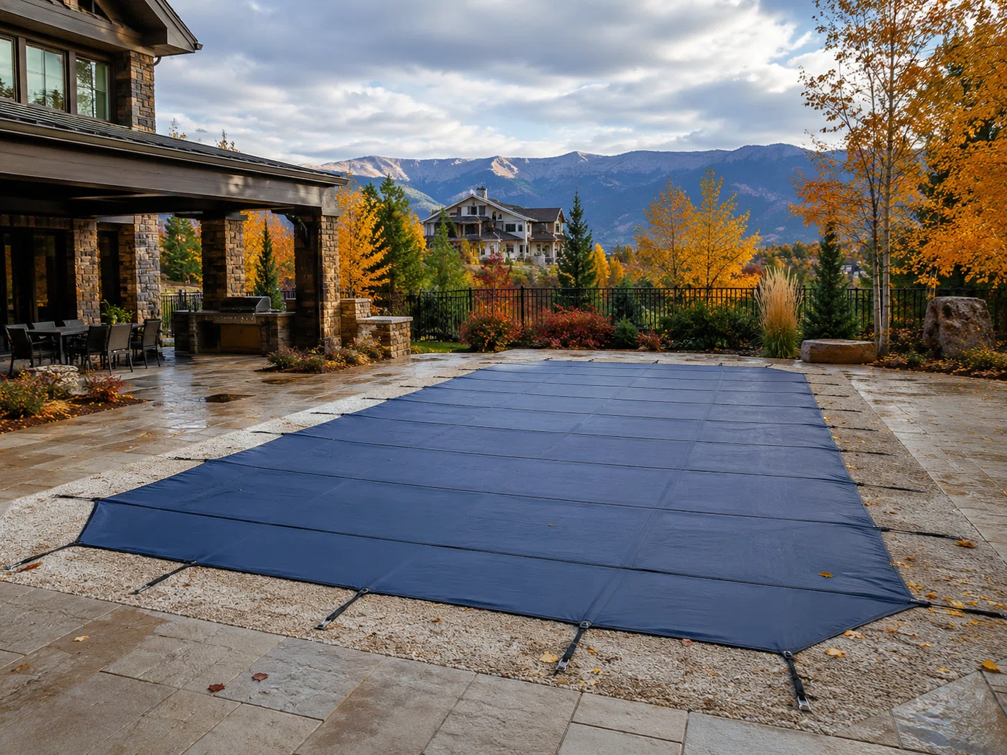 Covered pool during autumn with mountain views