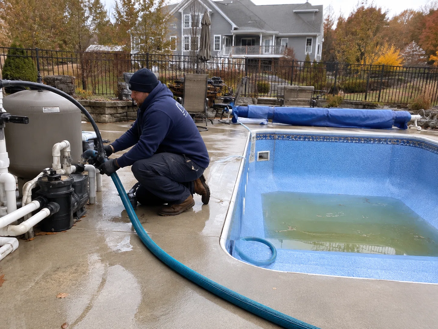 Technician performing autumn pool maintenance