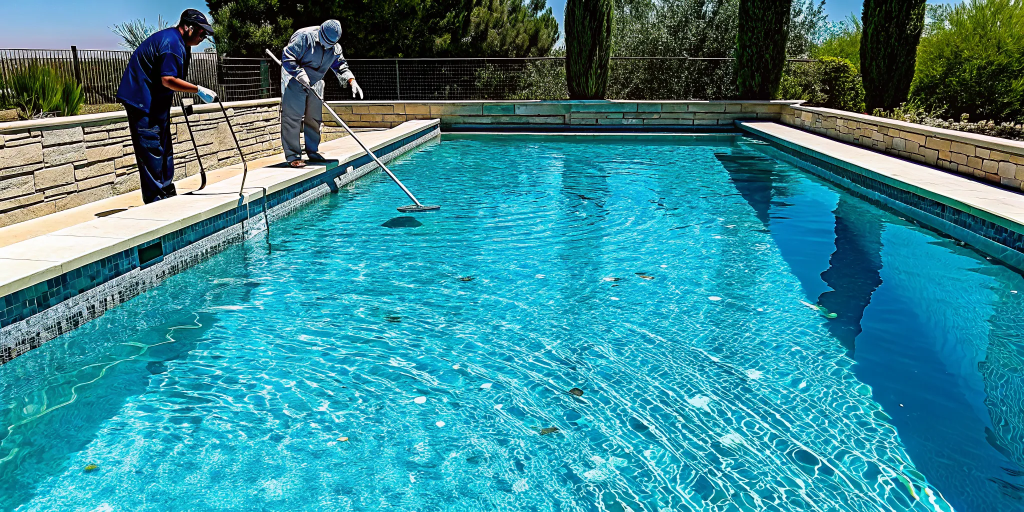 Pool service professional cleaning a residential pool with a skimmer and brush.