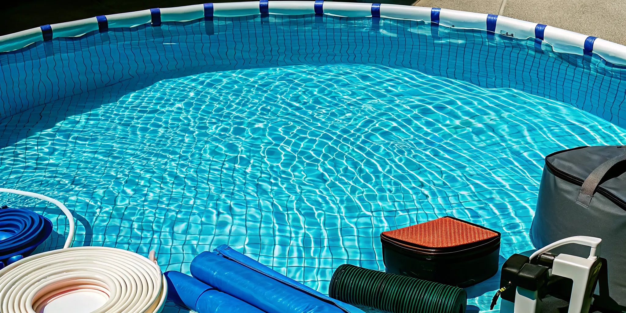 Above-ground wading pool with accessories on a backyard deck.