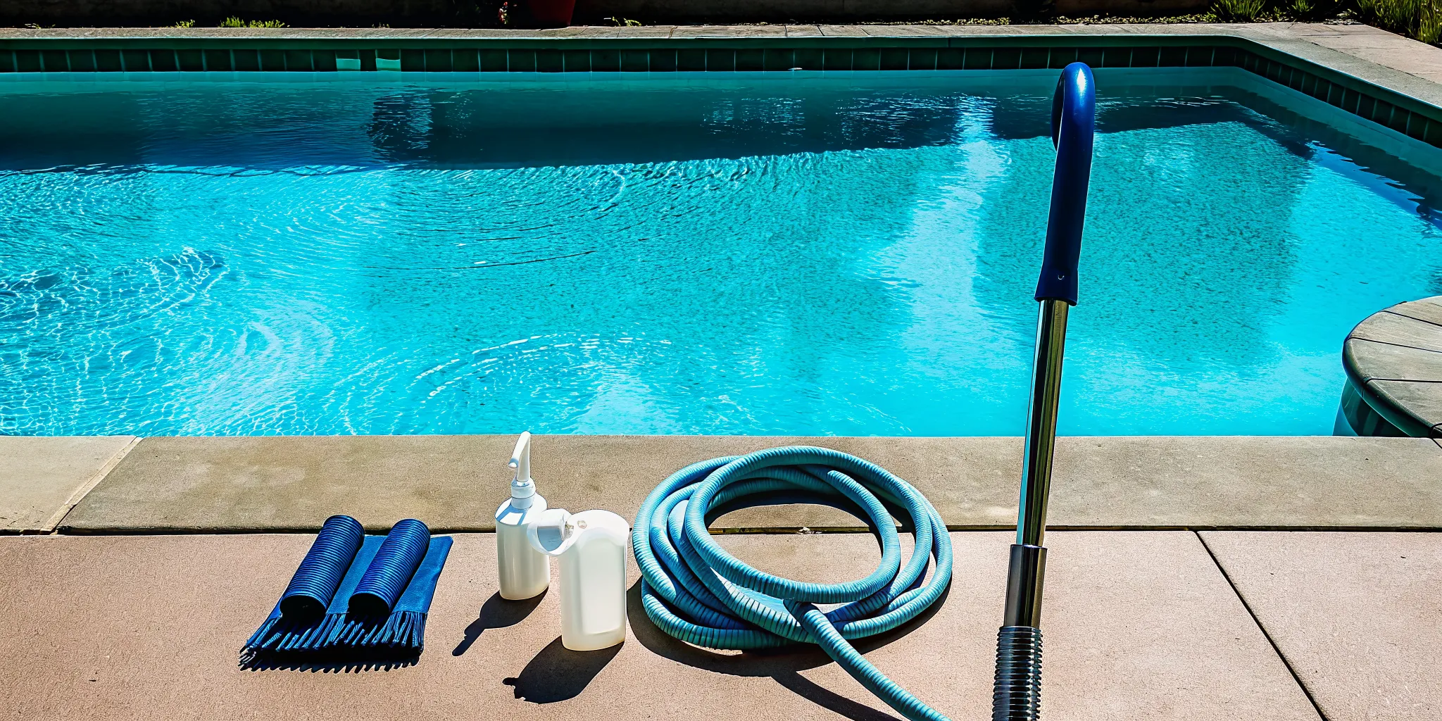 Pool maintenance tools and chemicals by a pool, a key factor in the overall cost.