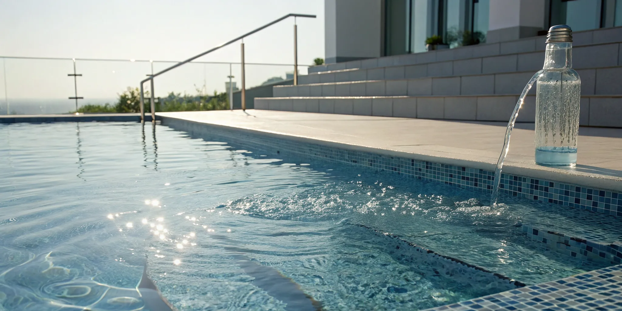 A swimming pool with crystal clear water thanks to a pool clarifier.
