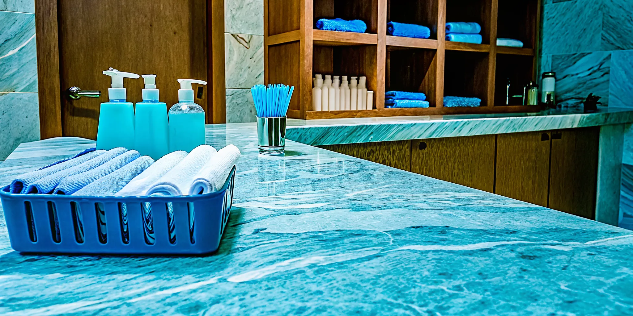 Essential supplies for a deep spa cleaning, including towels and chemicals.