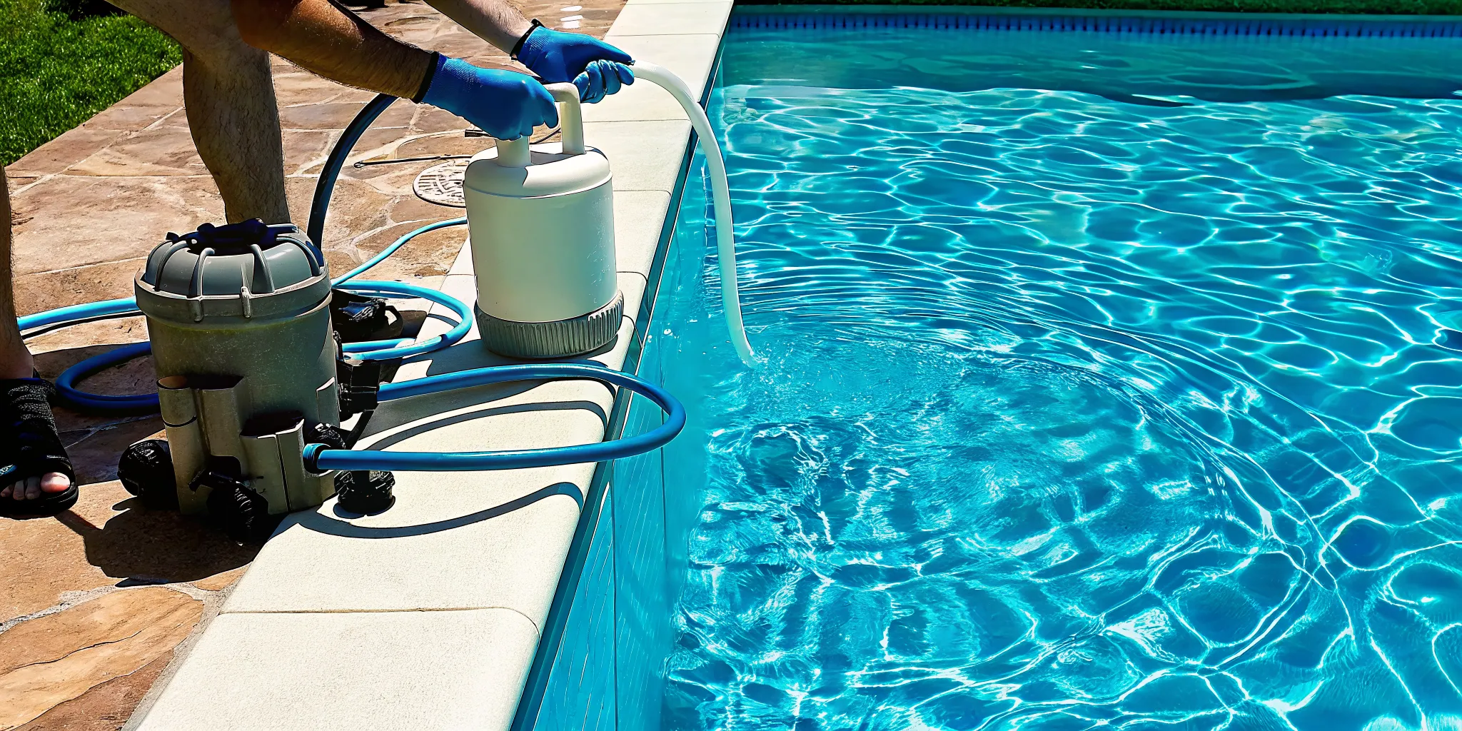 Technician working on a swimming pool filter repair.