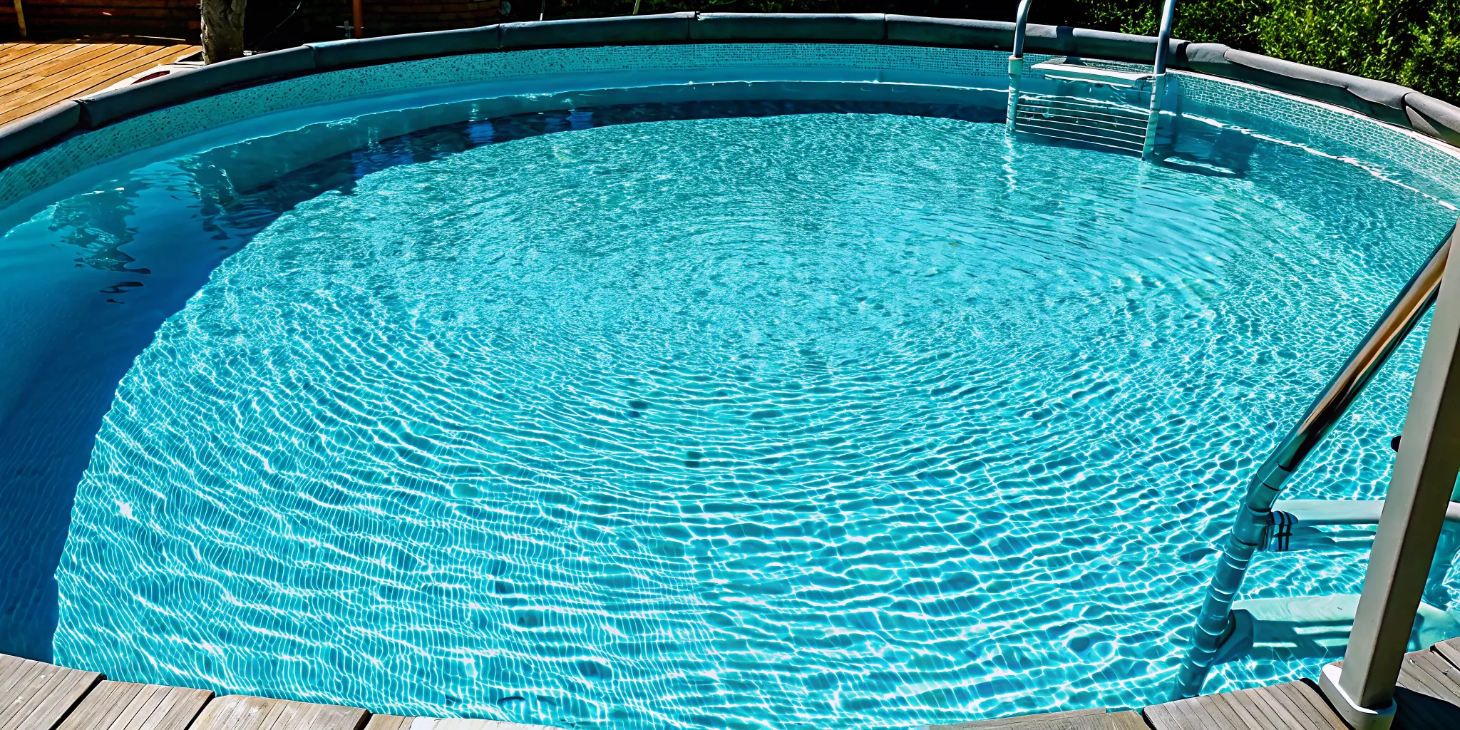 Small above ground pool with a ladder installed in a backyard.