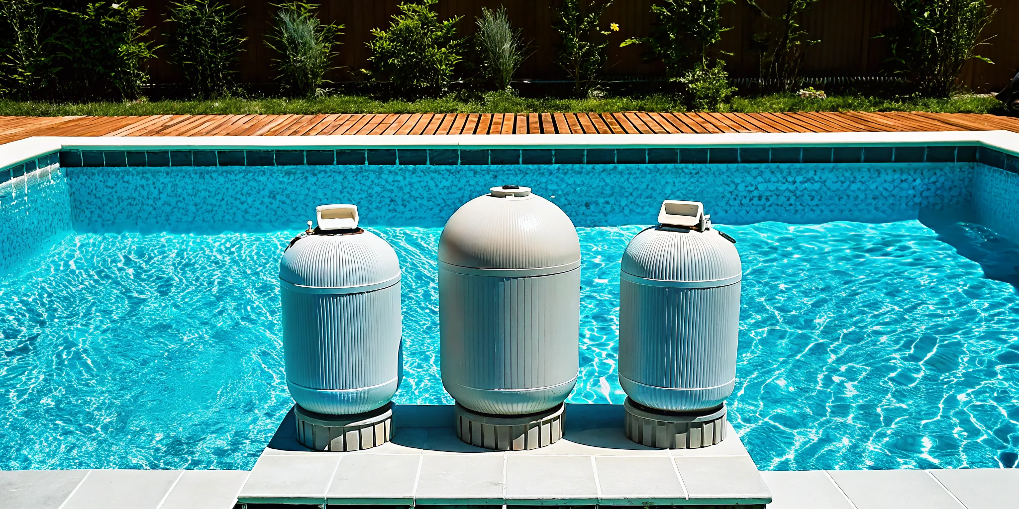 A sand filter, cartridge filter, and D.E. filter next to a clean swimming pool.