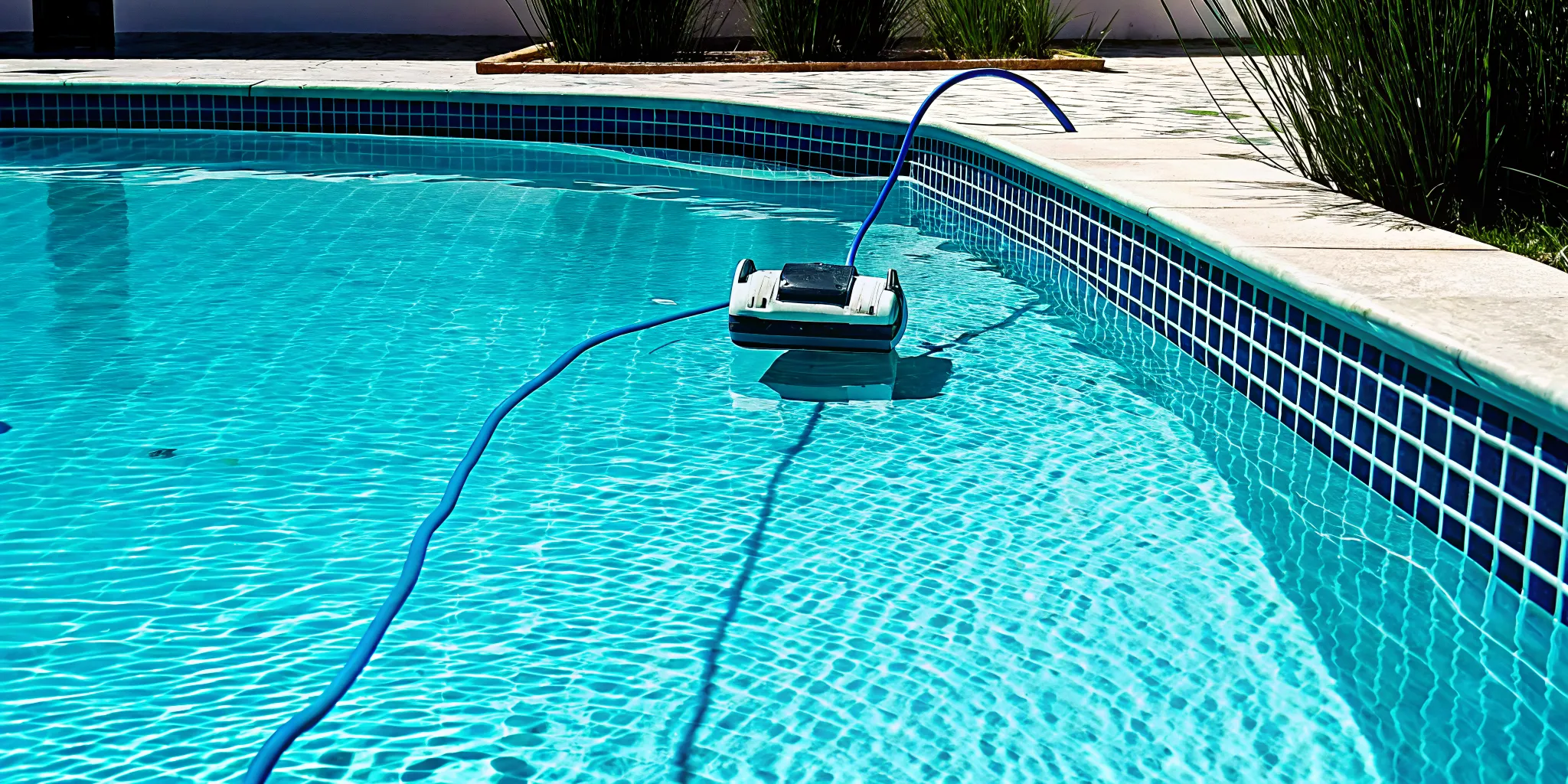 A robotic pool cleaner moving along the floor of a swimming pool.