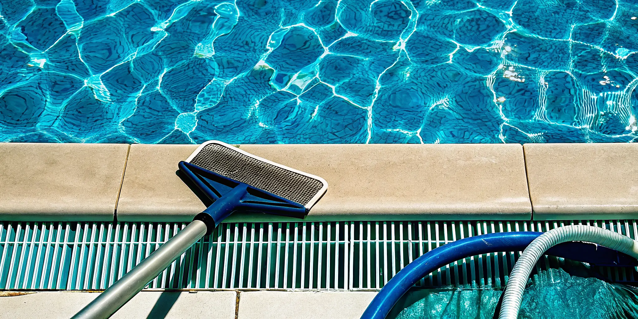 Essential maintenance tools ready for use by a clean salt water pool.