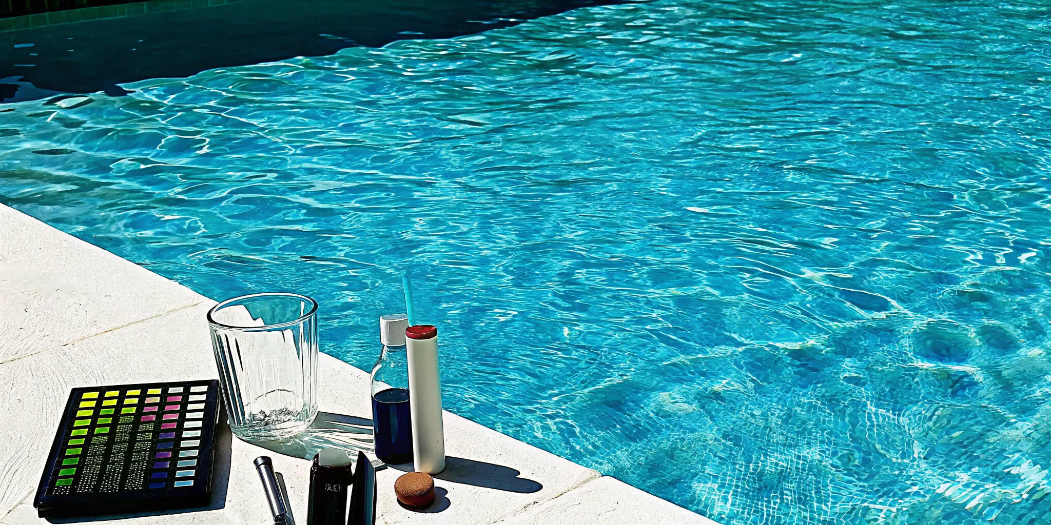 A pool water test kit used poolside for balancing water chemistry.