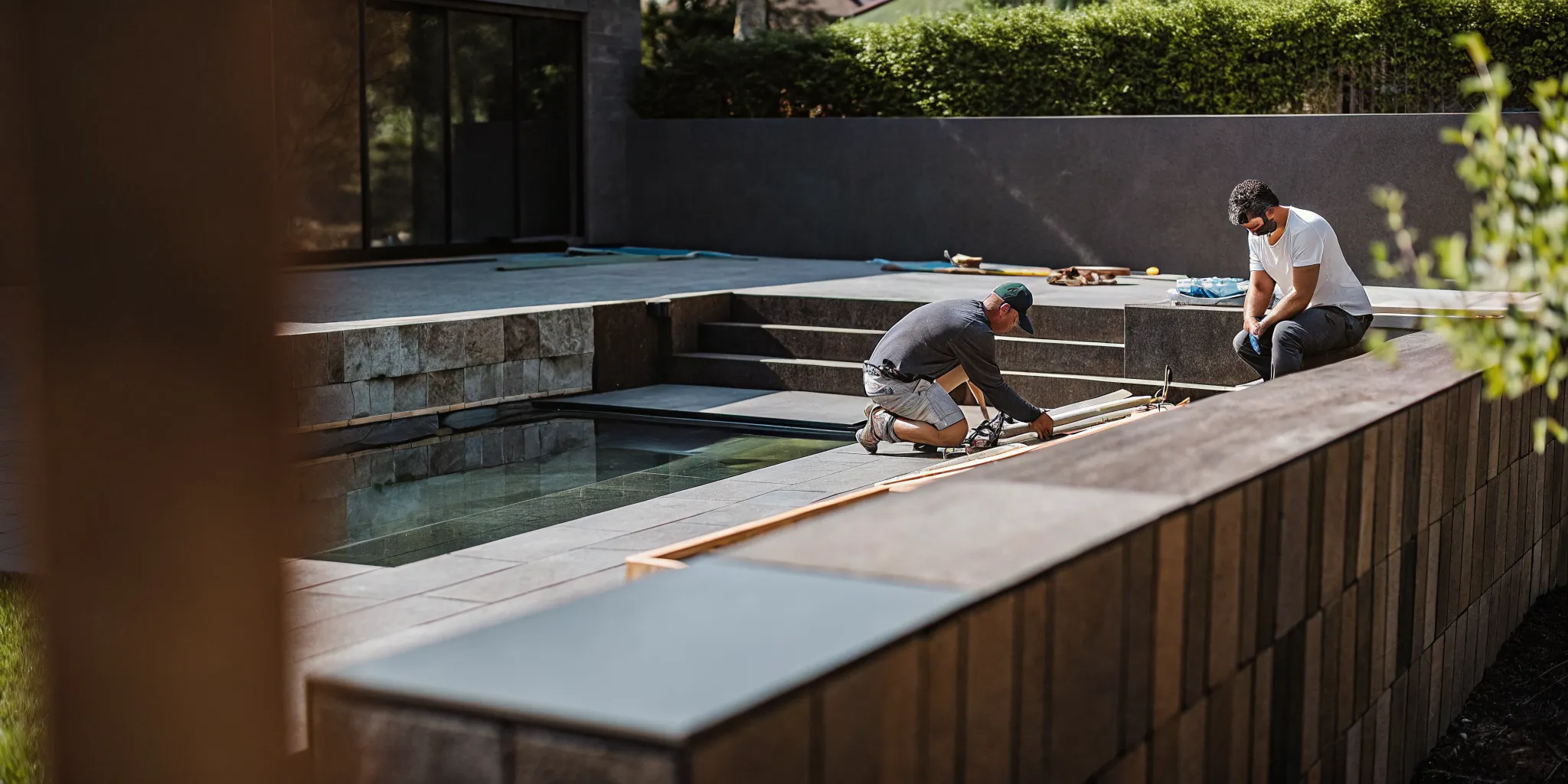 Inground pool renovation contractors installing new tile and modern decking.