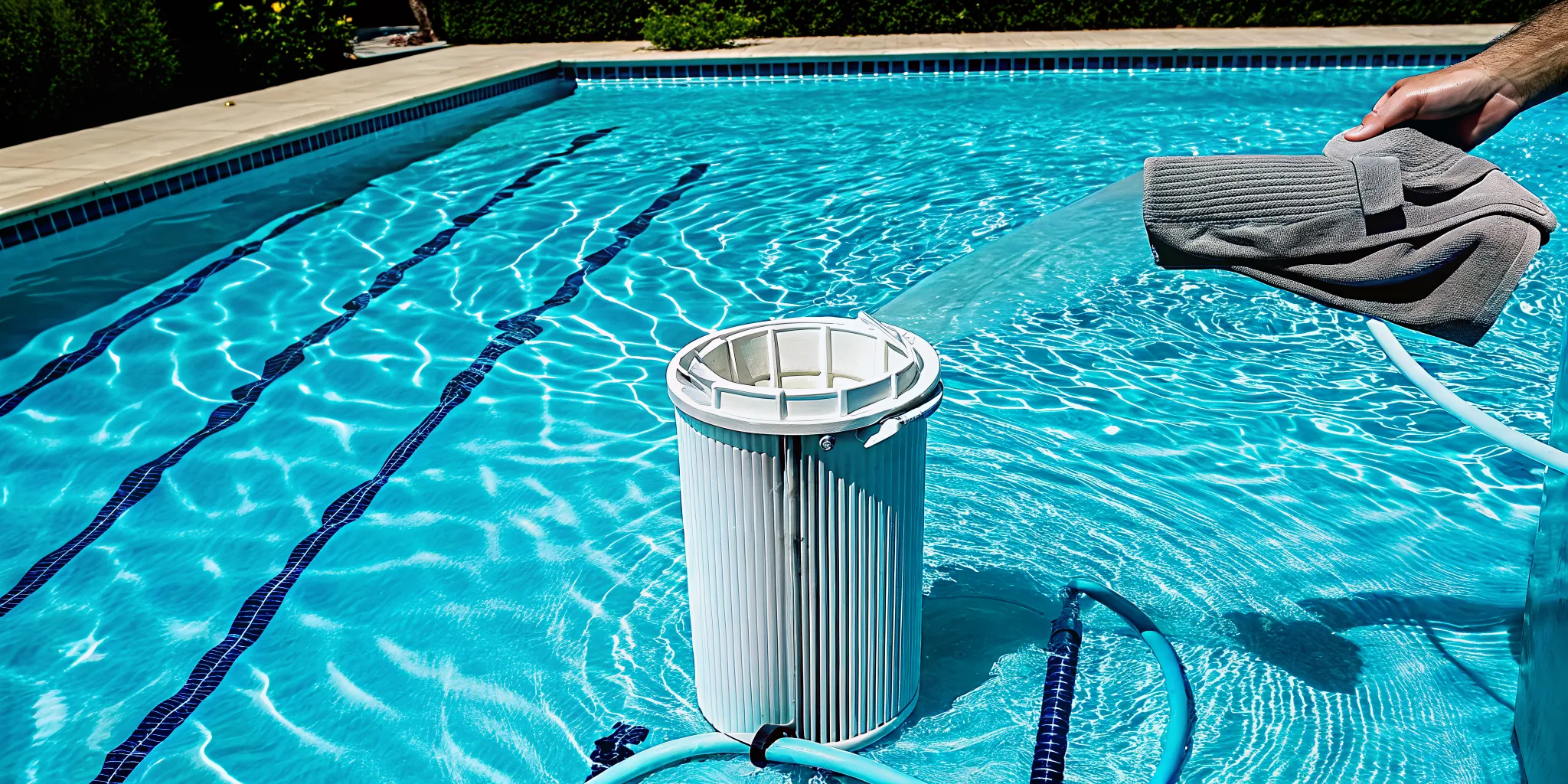 A person performing pool filter maintenance by cleaning a dirty filter cartridge.