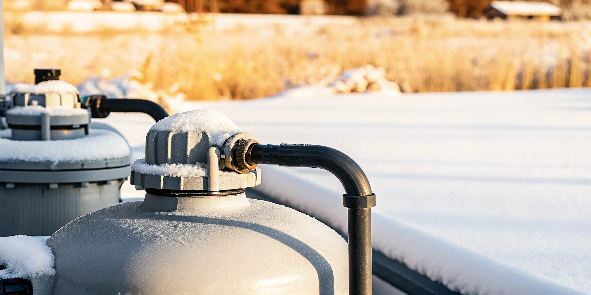 Close up of pool filtration pump and equipment with a light dusting of snow in Colorado