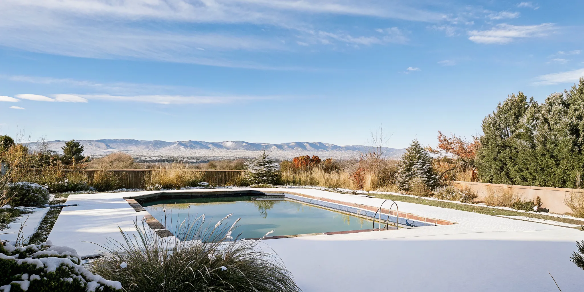 A beautiful backyard swimming pool in Denver Colorado during early autumn with first light snow, mountains in background