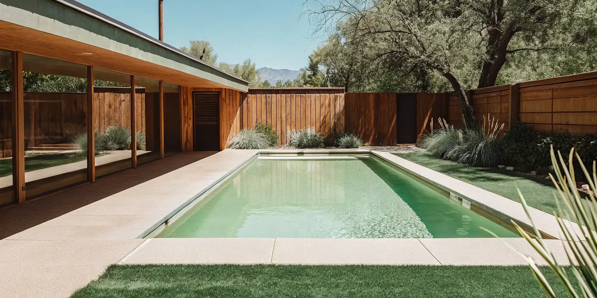 A crystal clear swimming pool in a Denver, Colorado backyard with the Rocky Mountains in the background