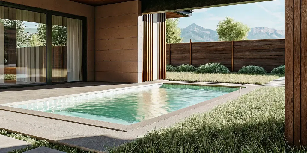 A sparkling clean swimming pool in a Denver backyard with the Rocky Mountains in the background under a bright summer sun