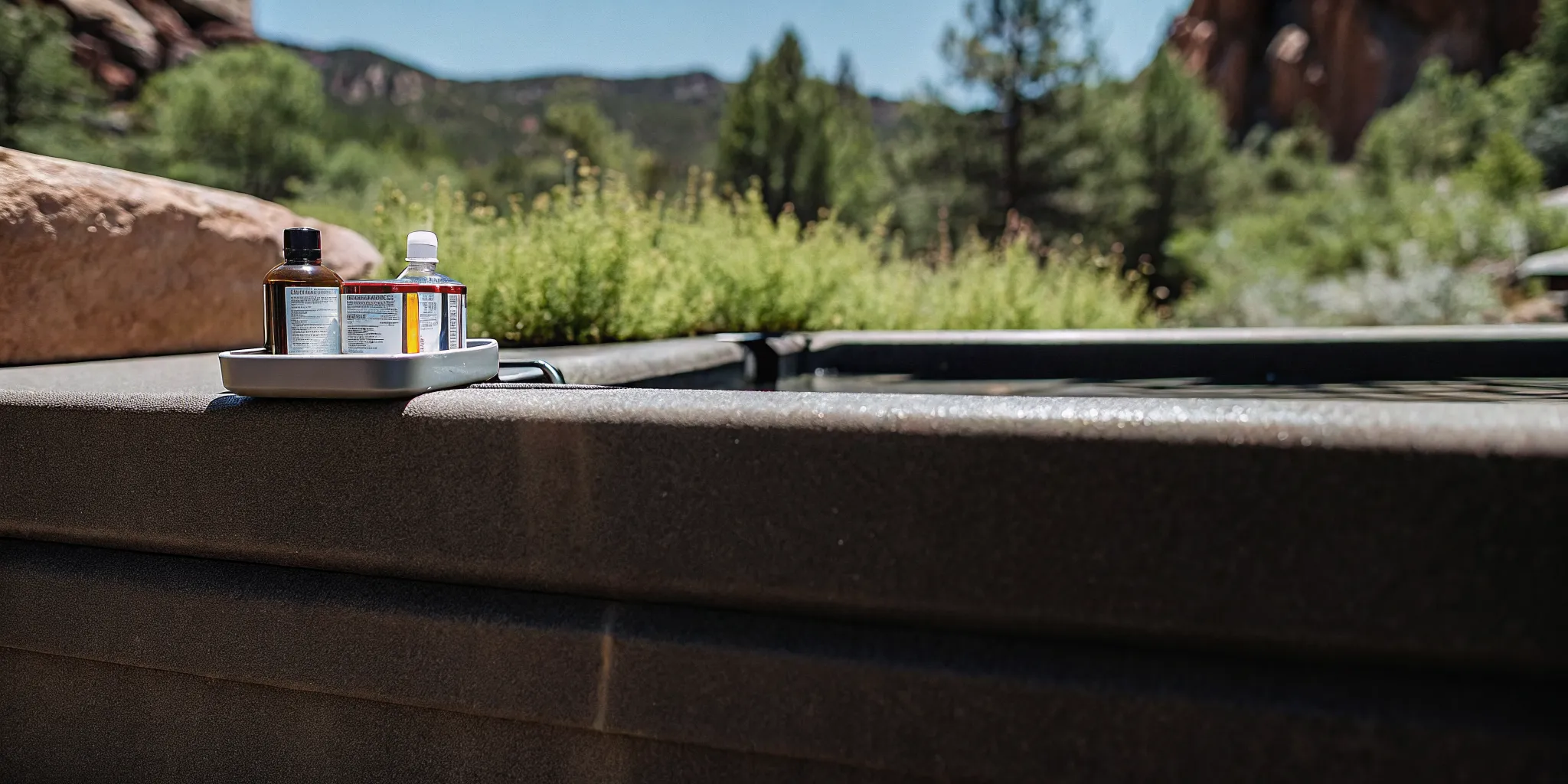 Spa water testing kit with test strips on the edge of a hot tub in a Colorado outdoor setting