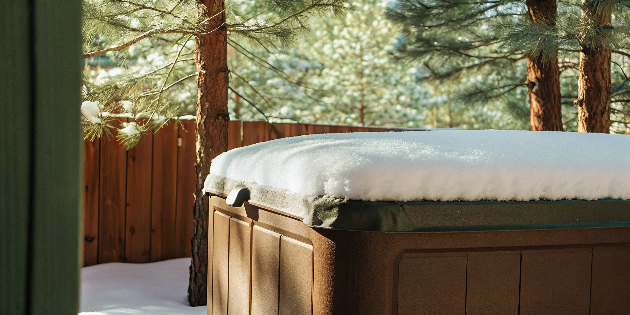 A winter-protected hot tub with snow-covered cover in a Colorado backyard during winter