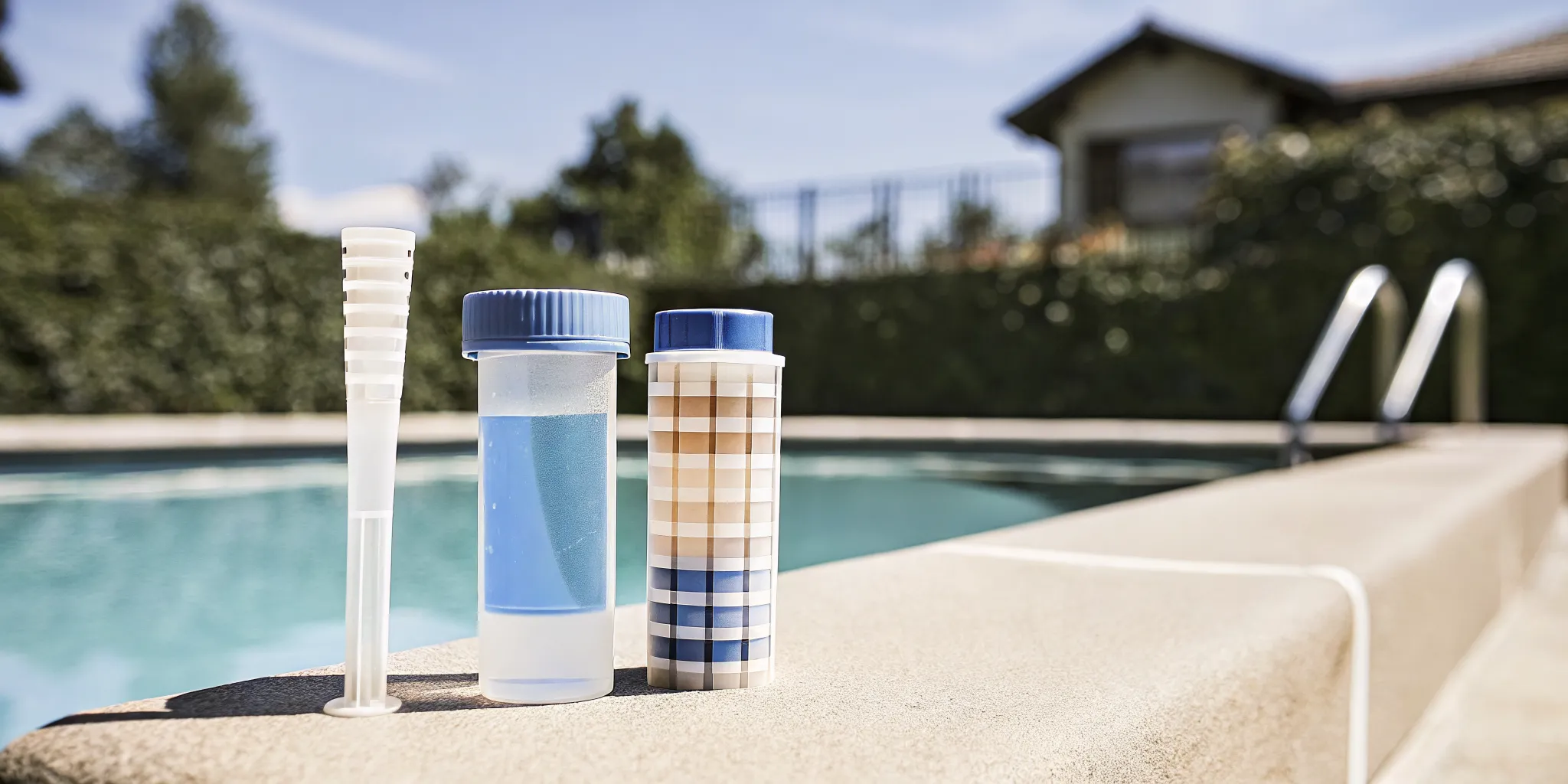 Pool water test strips and reagents on a pool deck for testing pool chemicals in Denver