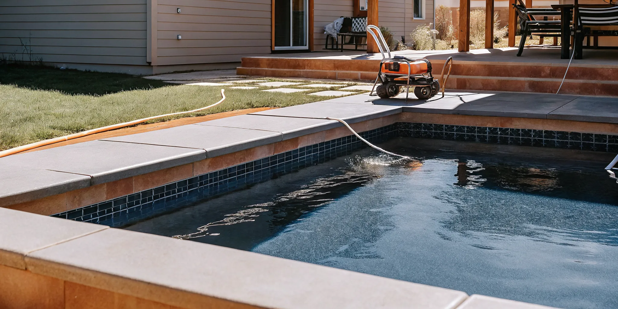 Clear blue swimming pool in a Denver backyard with professional pool cleaning equipment