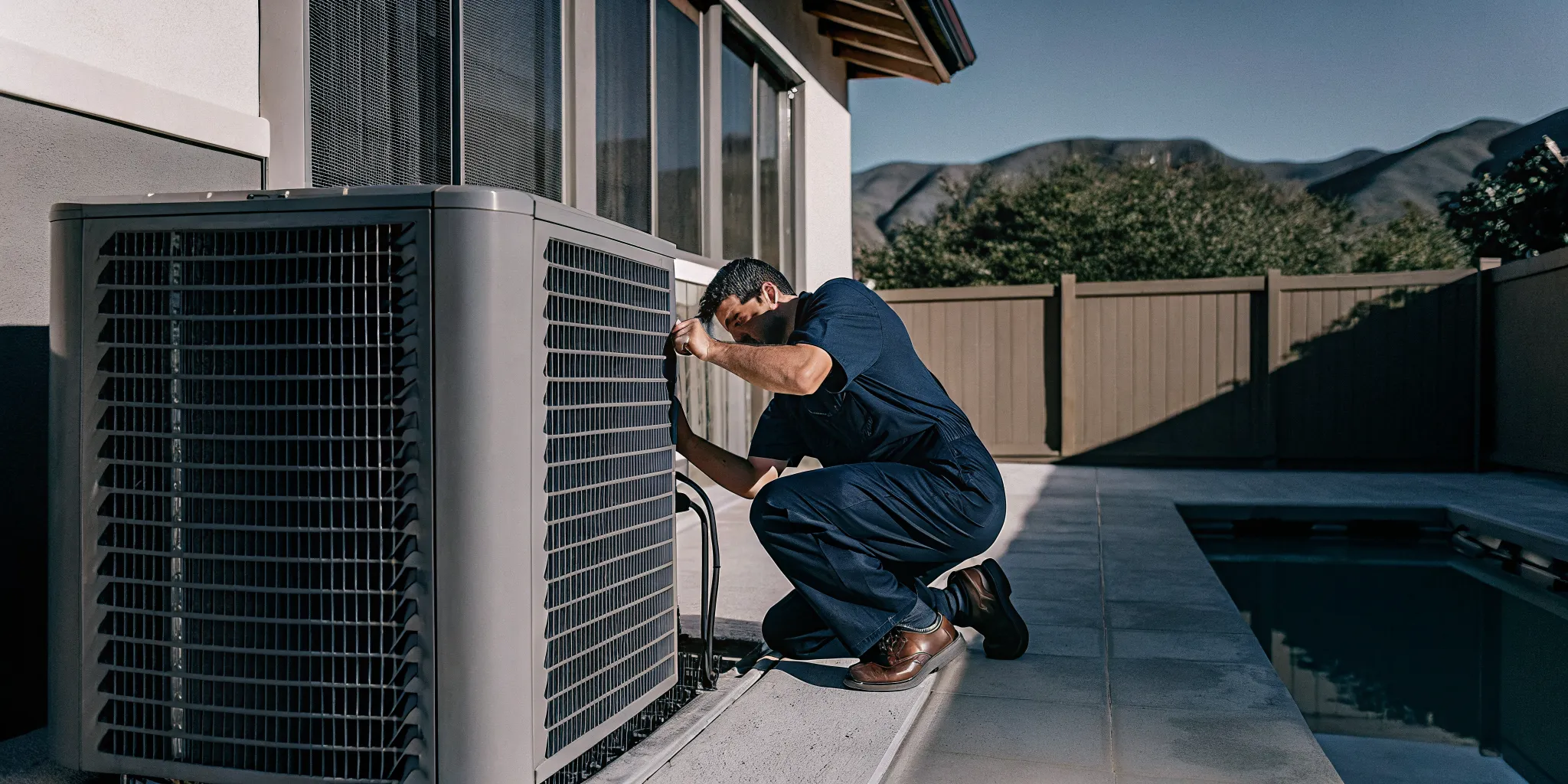 Pool heater repair technician servicing a gas pool heater unit in Denver Colorado backyard