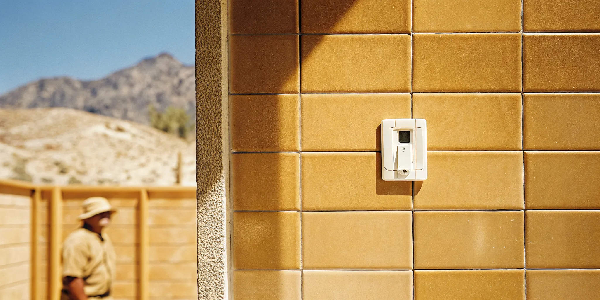 Modern pool automation control panel in a Denver backyard with Colorado mountain sky, professional technician inspecting the system