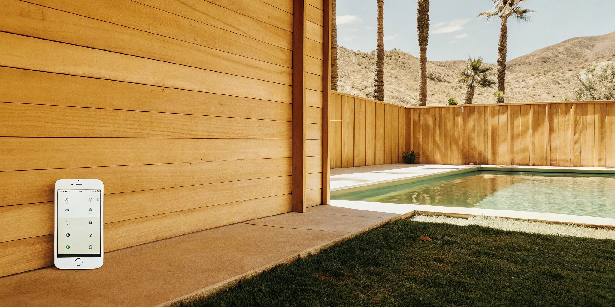 Smartphone displaying a pool automation control app next to a Denver backyard pool with mountain views