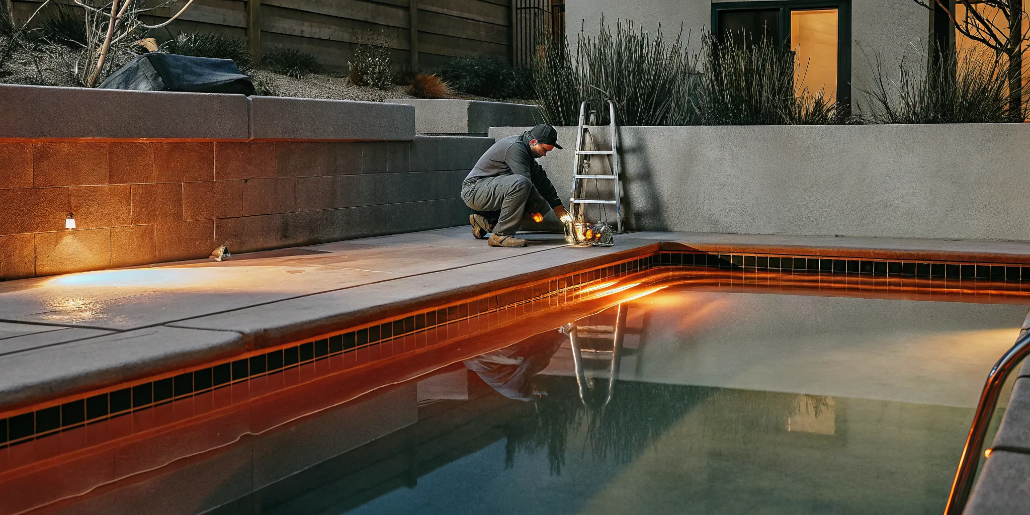 A professional pool service technician repairing an underwater pool light at a residential pool in Denver, Colorado.