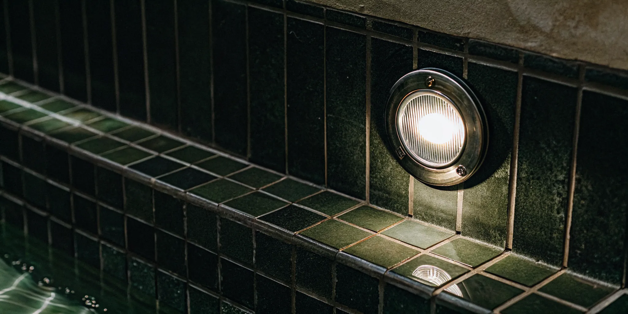 Underwater pool light fixture installed in a residential pool wall with the lens glowing beneath the water surface