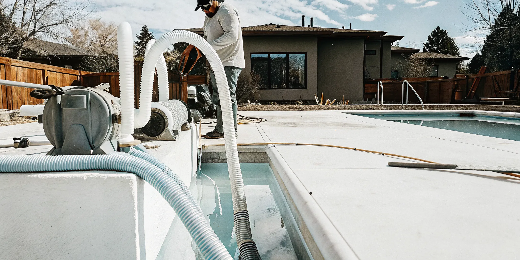 Pool technician inspecting plumbing equipment near residential pool in Denver