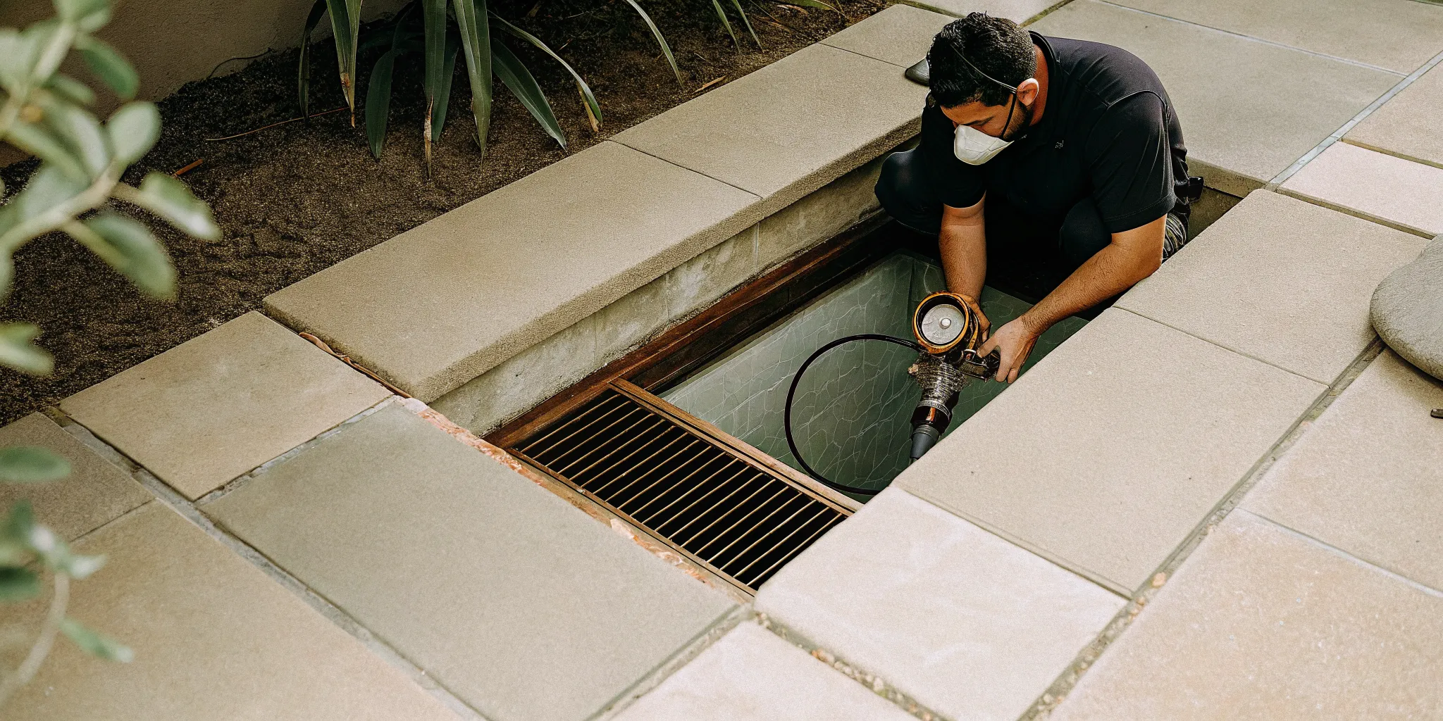 Pool technician using pressure gauge diagnostic equipment near residential pool equipment pad