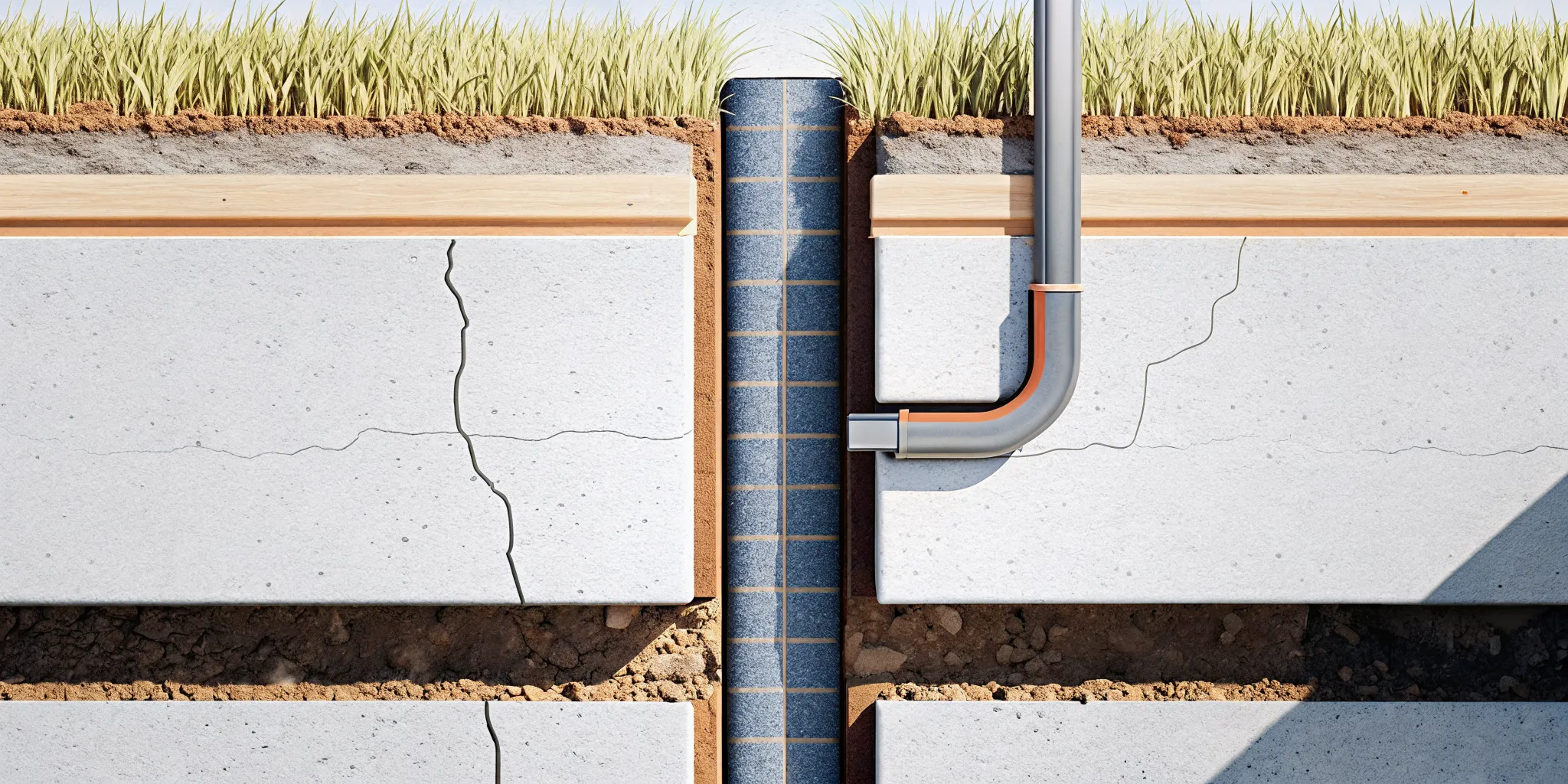 Cross-section diagram showing underground pool plumbing pipes with a crack leaking water into surrounding soil