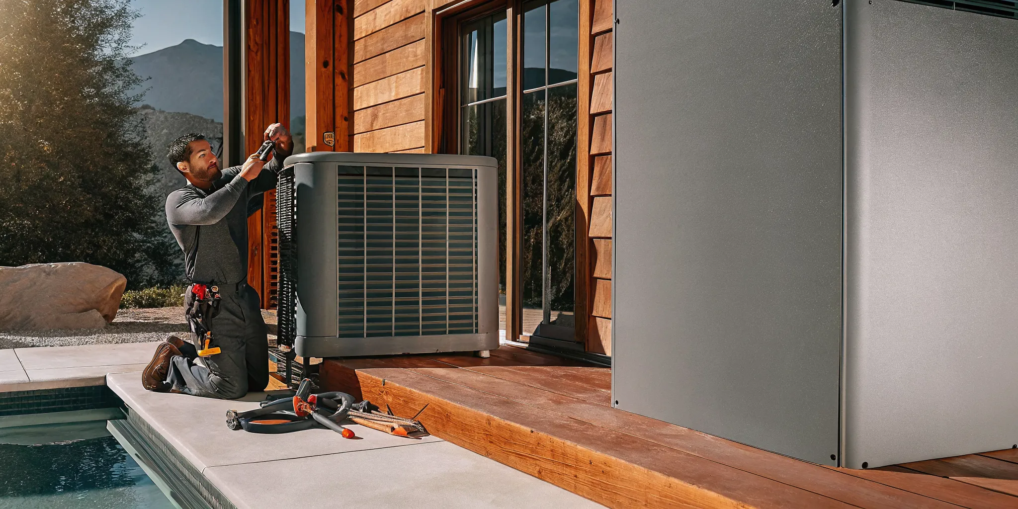 Professional pool technician servicing a pool heater in a Denver backyard with mountain views