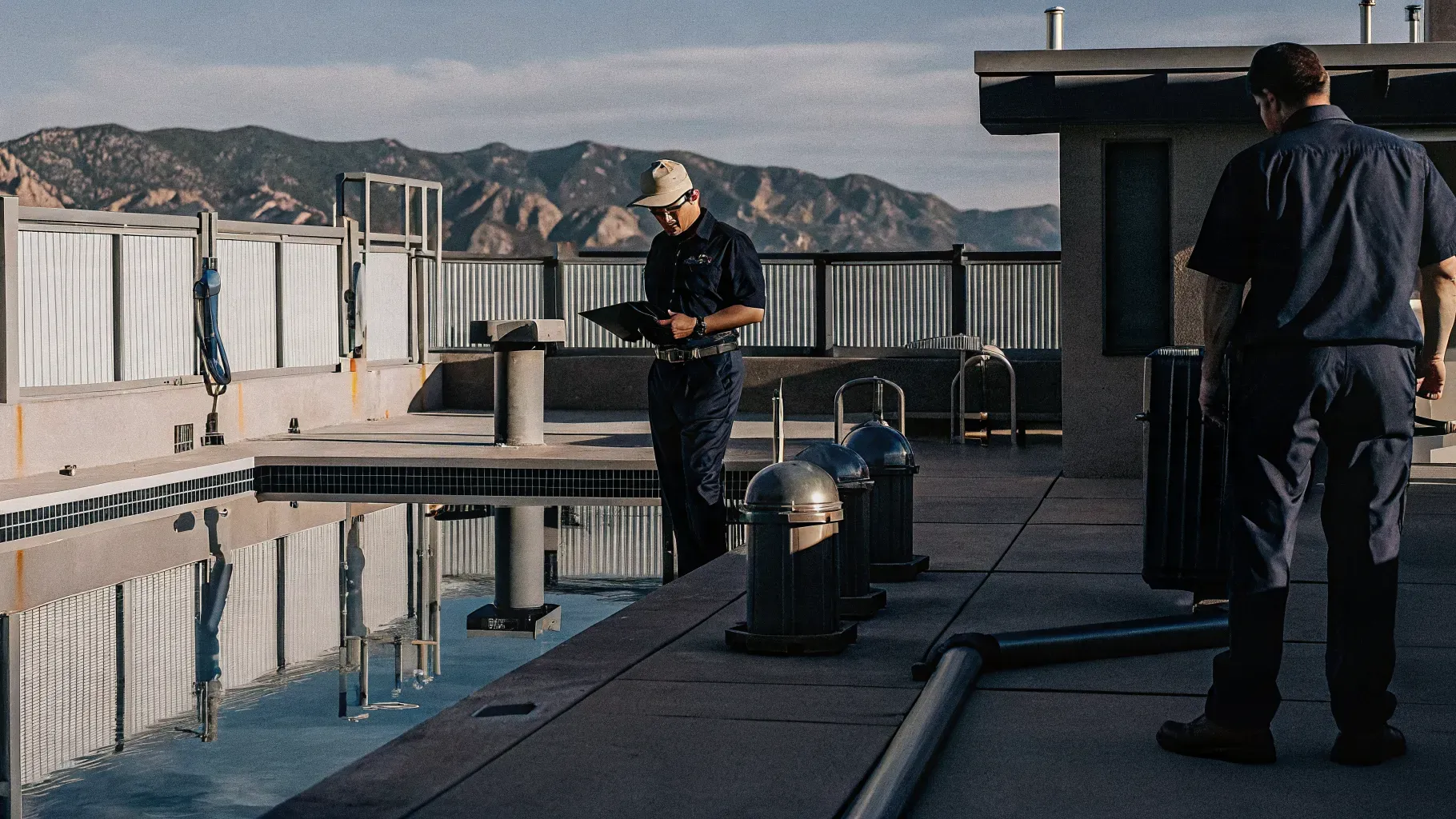 Pool technicians inspecting commercial pool equipment in Denver