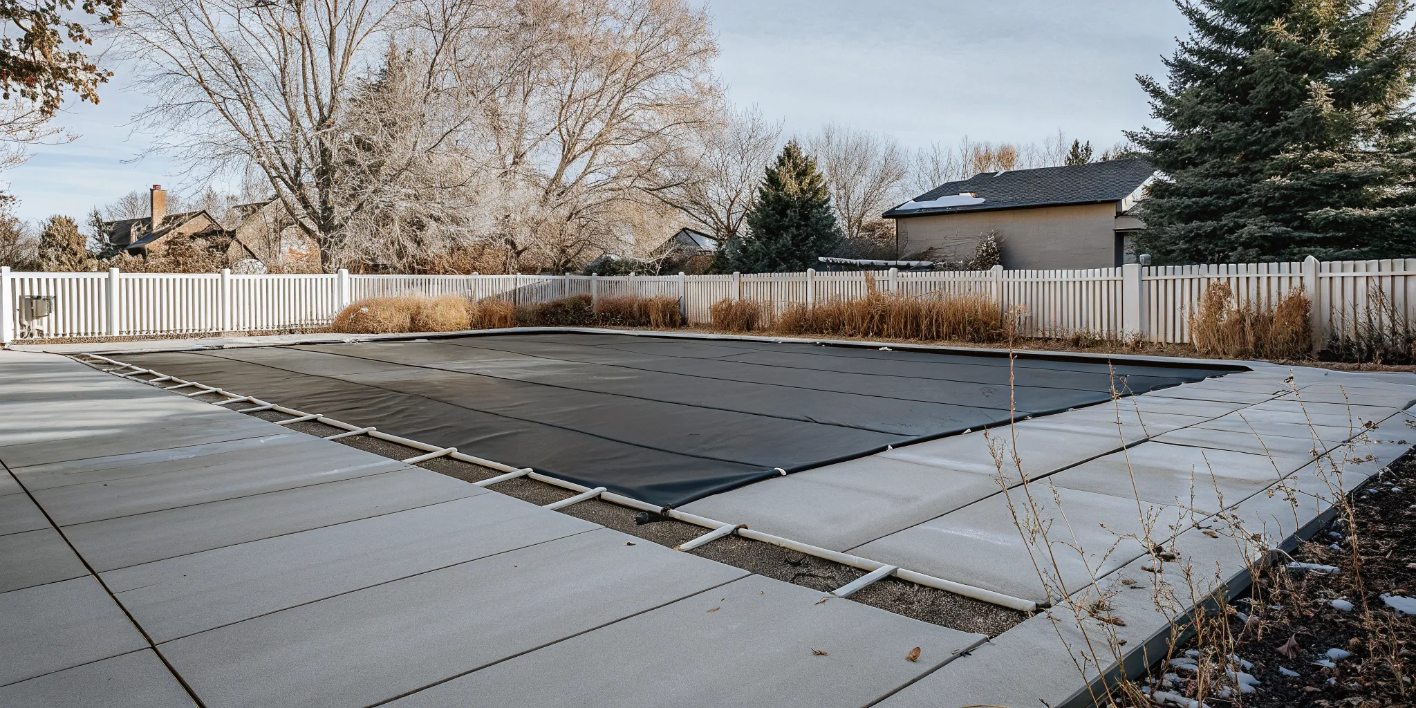 Winterized residential swimming pool in a Denver backyard