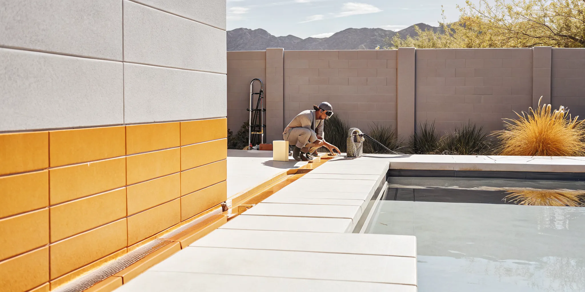 Pool technician installing a variable speed pool pump beside a Colorado backyard pool