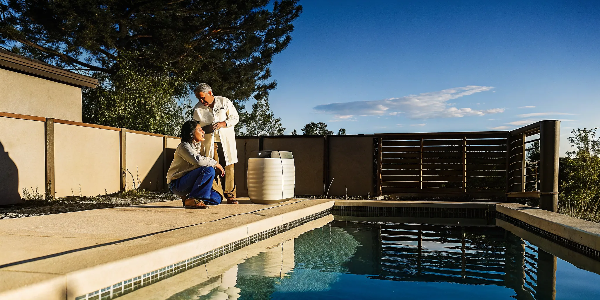 Technician reviewing a variable speed pool pump setup beside a Denver backyard pool