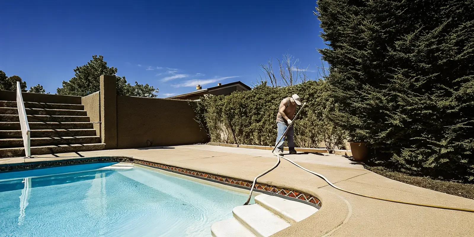 Pool technician applying a durable pebble pool interior finish at a Denver backyard pool