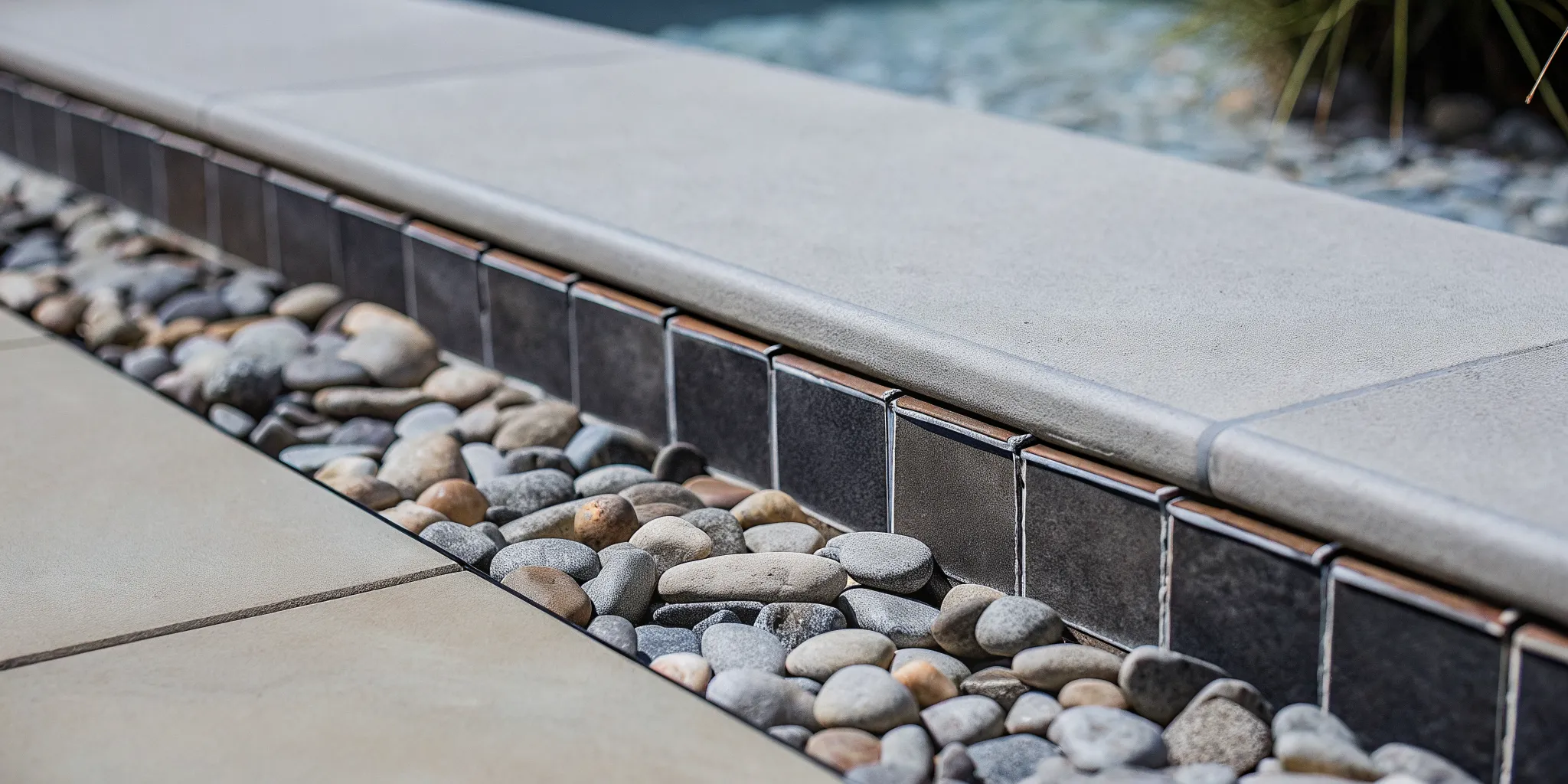 Close view of a pebble pool finish with multicolored river stones around a clear blue Colorado pool